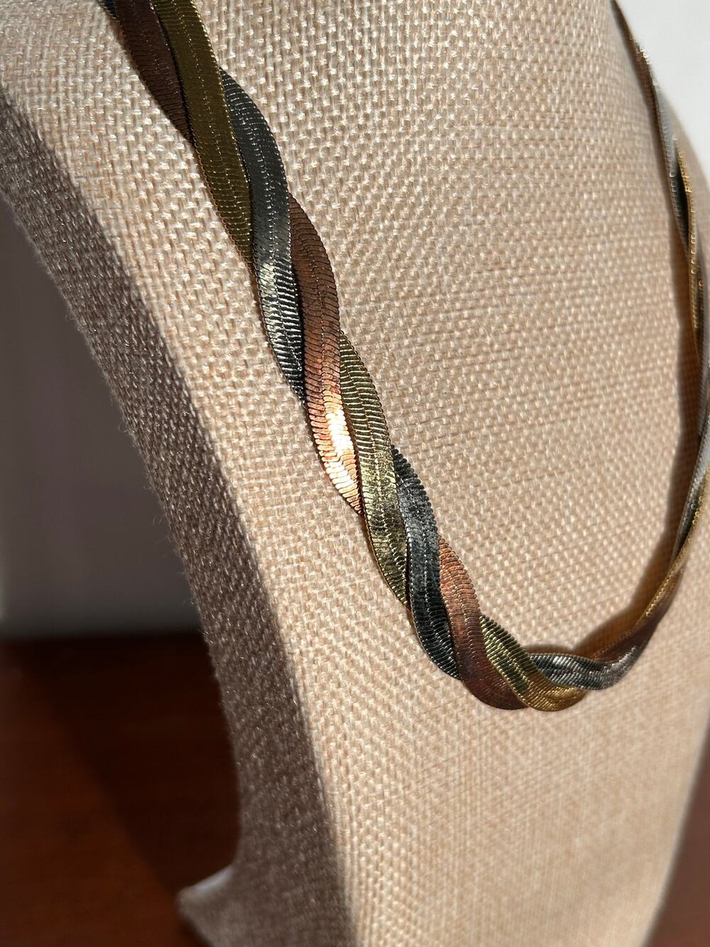 Vintage 16" Tri Color Gold Braided Necklace 3 Shade Woven Chain Statement